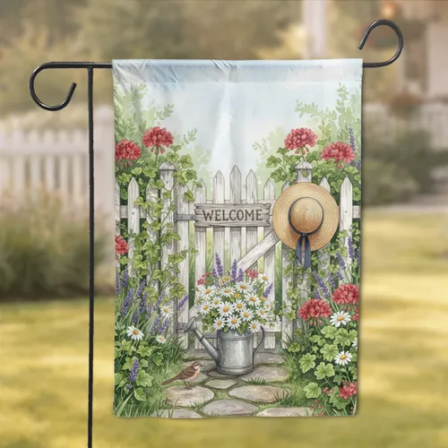 Garden Gate Watering Can Straw Hat - Farmhouse Decor for Garden Lover Garden Flag
