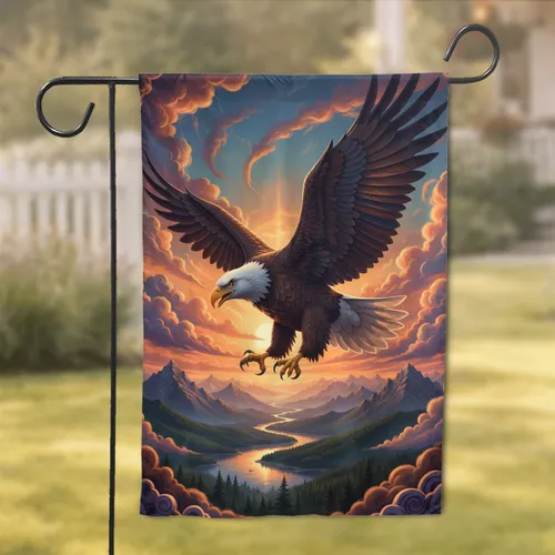 Bald Eagle Soaring Mountain Sunset River - Wildlife Lover Home Decor Gift Garden Flag