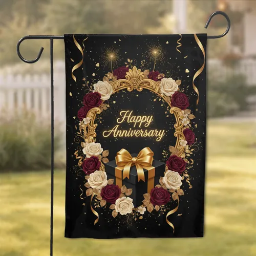 Happy Anniversary Golden Gift Box Roses - Anniversary Celebration Garden Flag