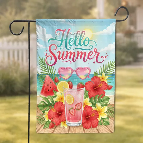 Hello Summer Tropical Drink Heart Sunglasses Hibiscus - Summer Day Decor Garden Flag