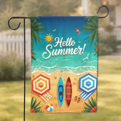 Hello Summer Beach Scene Boats Umbrellas - Summer Decor Gift Garden Flag