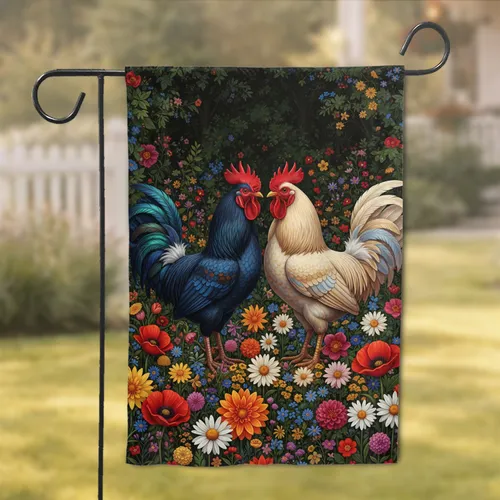 Two Prominent Roosters Wildflowers Floral Field Farmhouse Decor Gift for Bird Lovers Garden Flag
