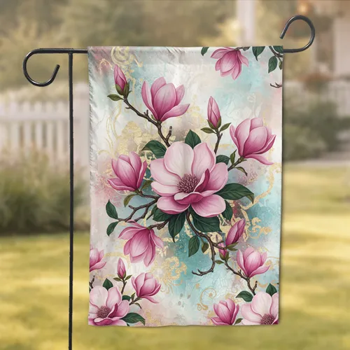 Fuchsia Pink Magnolia Flowers Gold Leaf Botanical Branches - Home Decor Gift Garden Flag