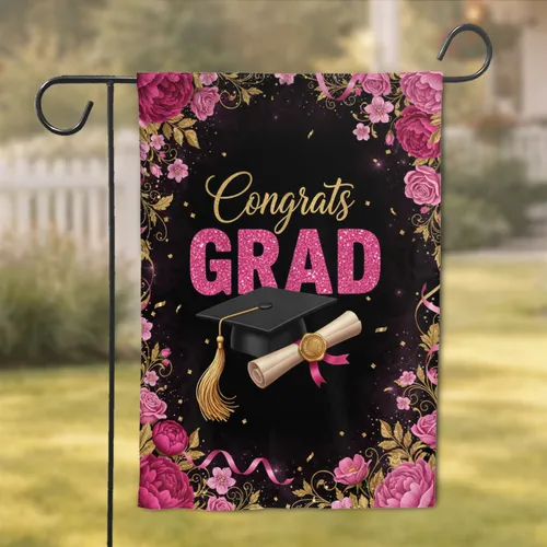 Congrats GRAD Cap Diploma Peony Rose Floral - Graduation Celebration Gift Garden Flag