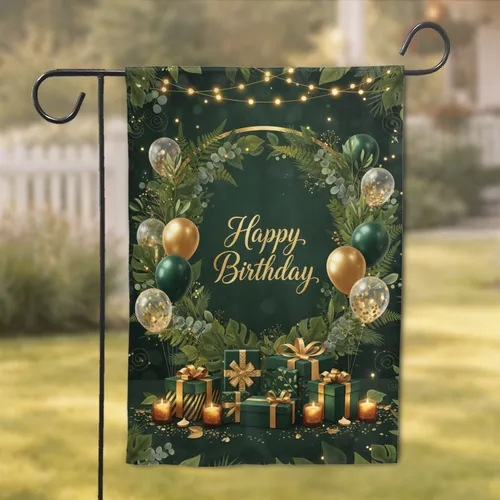 Happy Birthday Golden Arch Wreath Balloons Gifts Candles Lights - Birthday Celebration Garden Flag
