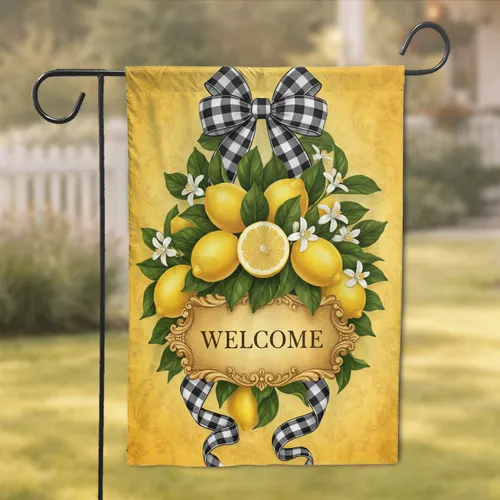 Buffalo Check Lemon Blossom Welcome Plaque Gold Frame - Home Decor Gift Garden Flag