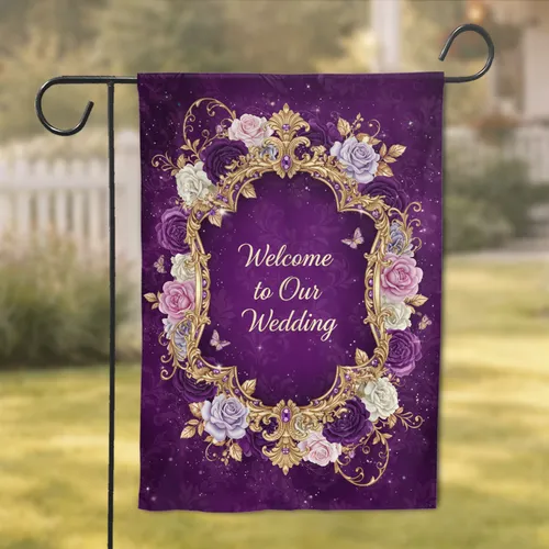 Rococo Golden Frame Welcome Wedding Roses Butterflies - Wedding Celebration Decor Garden Flag