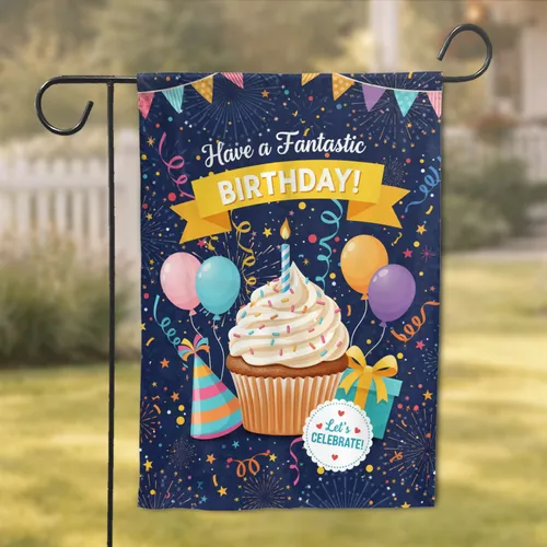 Cupcake Birthday Banner Balloons Confetti - Party Celebration Decor Gift Garden Flag