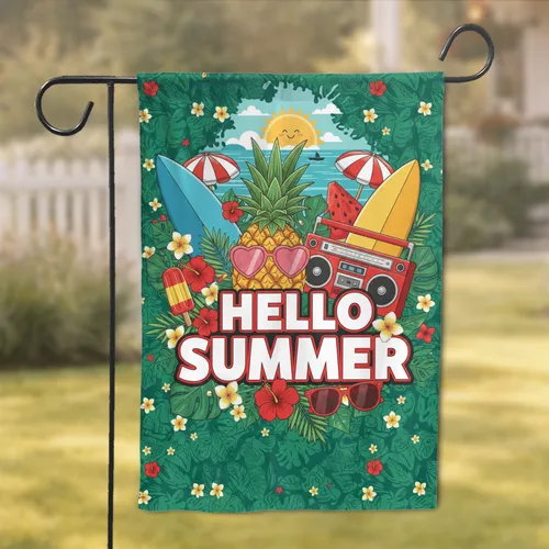Hello Summer Pineapple Sunglasses Tropical Flowers Surfboards - Summer Party Decor for Beach Lovers Garden Flag