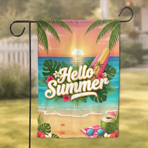 Hello Summer Tropical Beach Sunset Hibiscus Surfboard - Summer Home Decor Gift Garden Flag