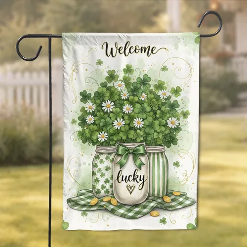 Lucky Mason Jars Shamrocks Clover Welcome - St. Patrick's Day Home Decor Garden Flag