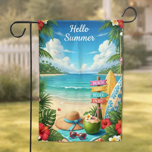 "Hello Summer" Beach Ocean Tropical Scene - Summer Celebration Decor Garden Flag