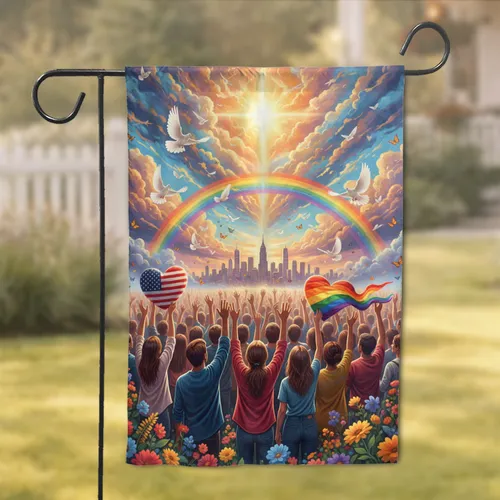 United Crowd American & Rainbow Heart Flags City Skyline - Unity Celebration Home Decor Garden Flag