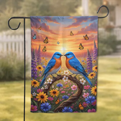 Eastern Bluebirds Wildflowers Sunset Sky - Wildlife Lover Gift for Bird Watchers Garden Flag