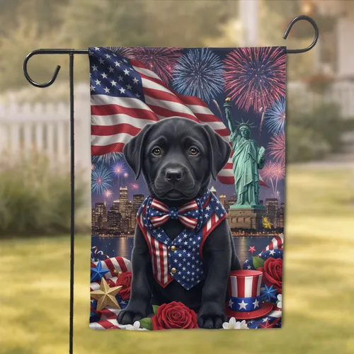 Black Labrador Puppy American Flag Statue of Liberty - Independence Day Gift for Veterans Garden Flag