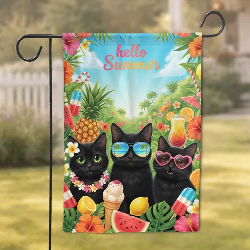 Black Cat Tropical Fruit Flower Summer Scene - Hello Summer Home Decor Cat Lover Gift Garden Flag