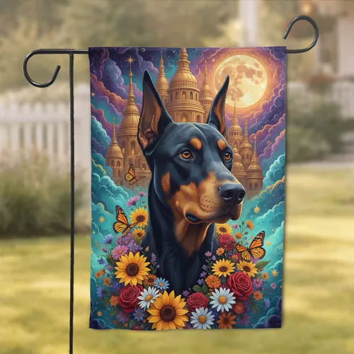 Black Doberman Floral Garland Butterflies - Home Decor Gift for Dog Lover Garden Flag