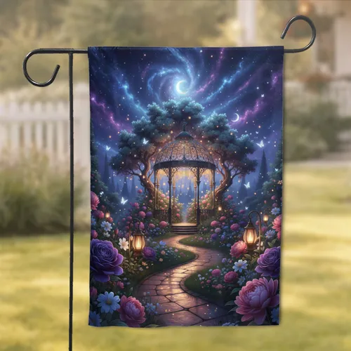 Victorian Gazebo Stone Path Moon Stars Glowing Flowers Cosmic Night - Home Decor Gift Garden Flag