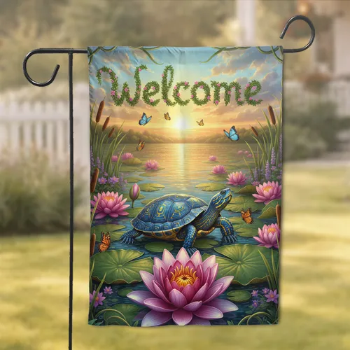 Turtle Water Lily Welcome Sunset Pond - Home Decor Gift for Wildlife Lover Garden Flag