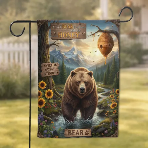 Grizzly Bear Honeycomb Sunflower Mountain Stream - Wildlife Lover Gift Garden Flag