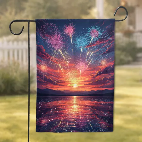 Luminous Fireworks Sunset Clouds Water Reflection - Celebration Home Decor Gift Garden Flag