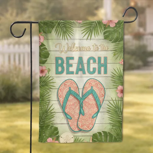 Welcome Beach Flip Flops Sand Dollar Starfish - Beach Home Decor Gift Garden Flag