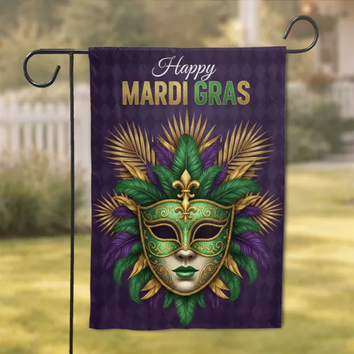 Mardi Gras Mask Fleur-de-lis Foliage - Mardi Gras Celebration Decor Garden Flag