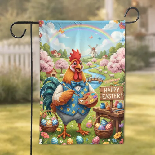 Rooster Painter Easter Farm - Easter Celebration Gift for Art Lover Garden Flag
