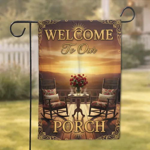 WELCOME To Our PORCH Golden Sunset Red Roses Rocking Chairs - Home Decor Gift Garden Flag
