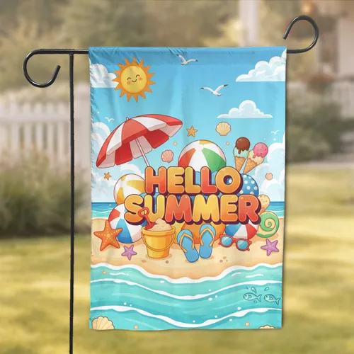 Hello Summer Beach Landscape with Ocean Waves and Smiling Sun - Summer Vacation Decor Garden Flag