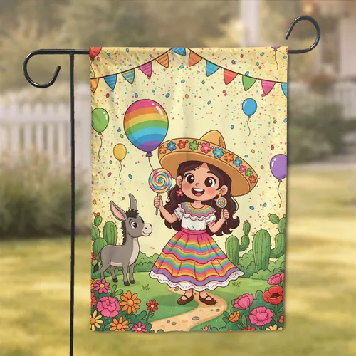 Mexican Fiesta Girl Donkey Party - Celebration Home Decor for Kids Garden Flag