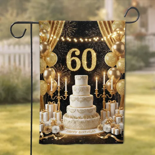 Glitter Gold 60th Birthday Cake Candelabra - Milestone Celebration Party Gift Garden Flag