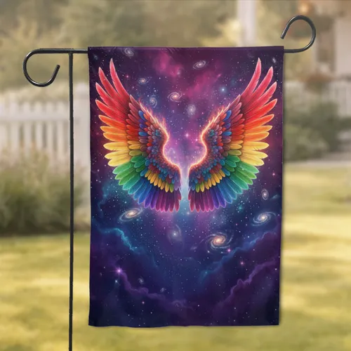 Rainbow Feathered Wings Cosmic Galaxy - Ethereal Home Decor Gift Garden Flag
