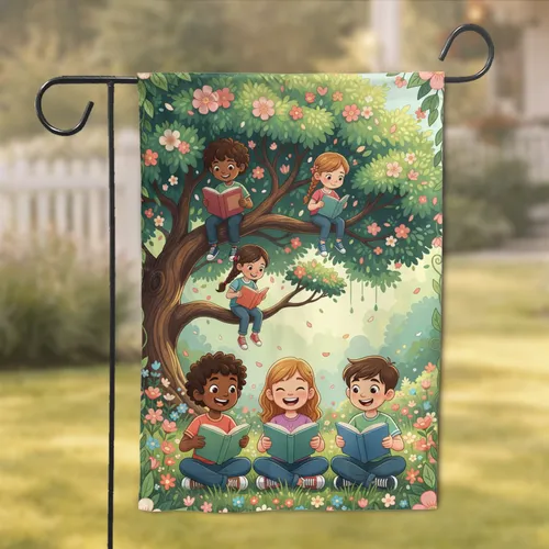 Children Reading Books Wildflower Tree - Nature Lover Gift for Young Readers Garden Flag