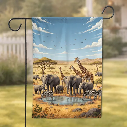 Elephants Giraffes Zebras African Safari Animals Watering Hole - Wildlife Lover Gift Garden Flag