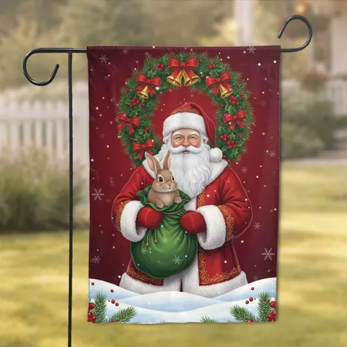 Santa Claus Rabbit Gift Sack Christmas Wreath - Holiday Decor for Christmas Host Garden Flag