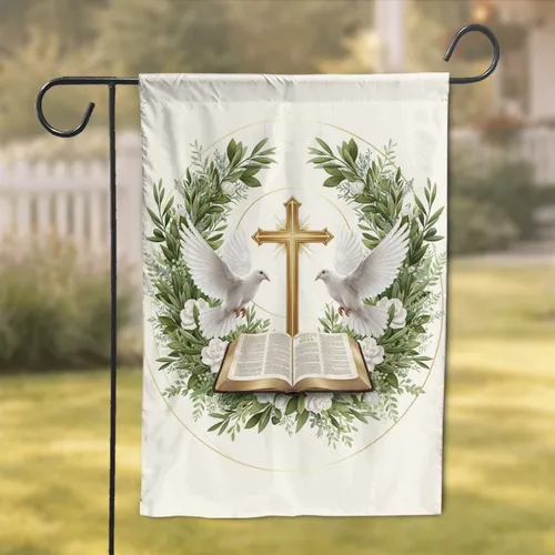Golden Cross Doves Bible Wreath - Faith Home Decor Gift for Believers Garden Flag
