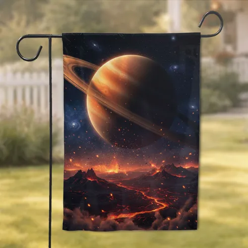 Majestic Ringed Planet Volcanic Landscape Cosmic Expanse - Space Explorer Gift Garden Flag