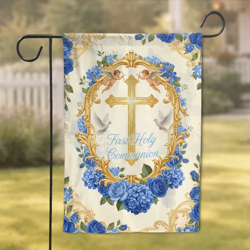 Golden Cross First Holy Communion Cherubs Doves - Religious Decor Gift Garden Flag