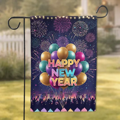 Happy New Year Balloons Fireworks City Skyline - New Year Celebration Decor Garden Flag