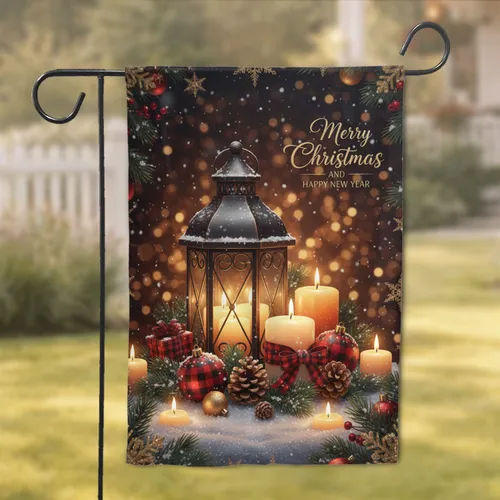 Merry Christmas Happy New Year Lantern Scene - Holiday Season Home Decor Garden Flag