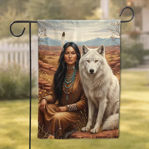Indigenous Woman White Wolf Feather Hills - Wildlife Lover Home Decor Gift Garden Flag
