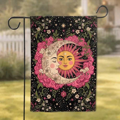 Celestial Night Sky Moon Sun Floral Vines Swirling Clouds Stars - Boho Home Decor Gift Garden Flag