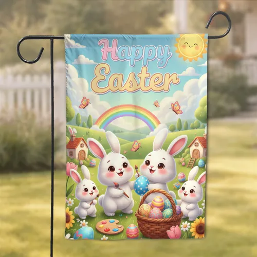 Bunnies Painting Easter Eggs Happy Easter Text - Easter Holiday Celebration for Kids Garden Flag