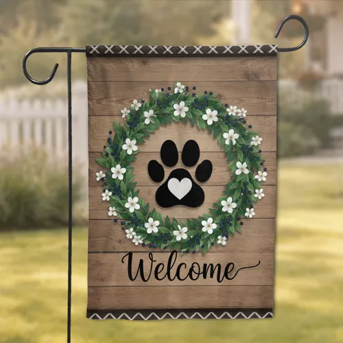 Black Paw Print White Heart Welcome Botanical Wreath - Everyday Home Decor Gift Garden Flag