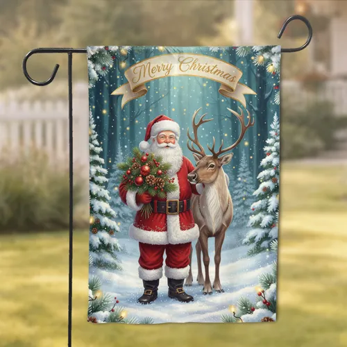 Benevolent Santa Claus Reindeer Pine Tree Winter Forest Scene - Christmas Holiday Gift Garden Flag