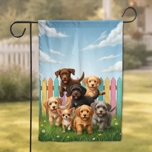 Puppies Picket Fence Wildflowers - Home Decor Gift for Puppy Lover Garden Flag