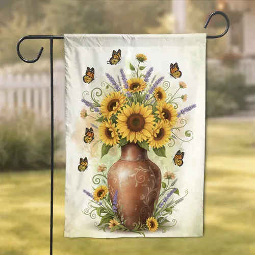 Rustic Vase Sunflowers Lavender Butterflies - Home Decor Gift for Garden Lover Garden Flag