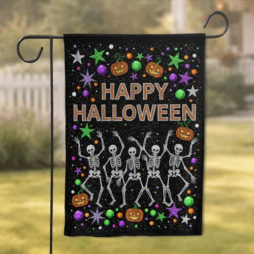 Dancing Skeletons Happy Halloween Pumpkins Stars Orbs - Halloween Party Garden Flag