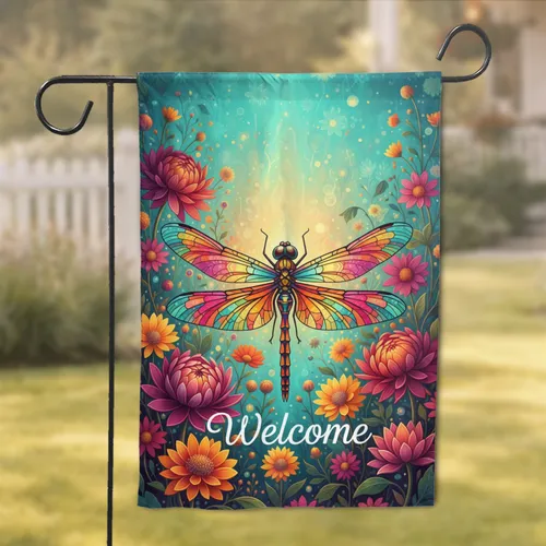 Dragonfly Stained Glass Garden Welcome - Home Decor Gift for Garden Lover Garden Flag